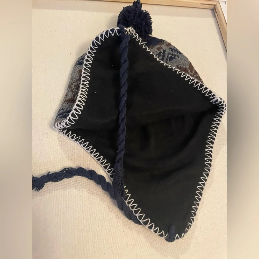 Navy and Gray Knit Earflap Hat  Snowflake Fleece Lined Winter Trapper Hat